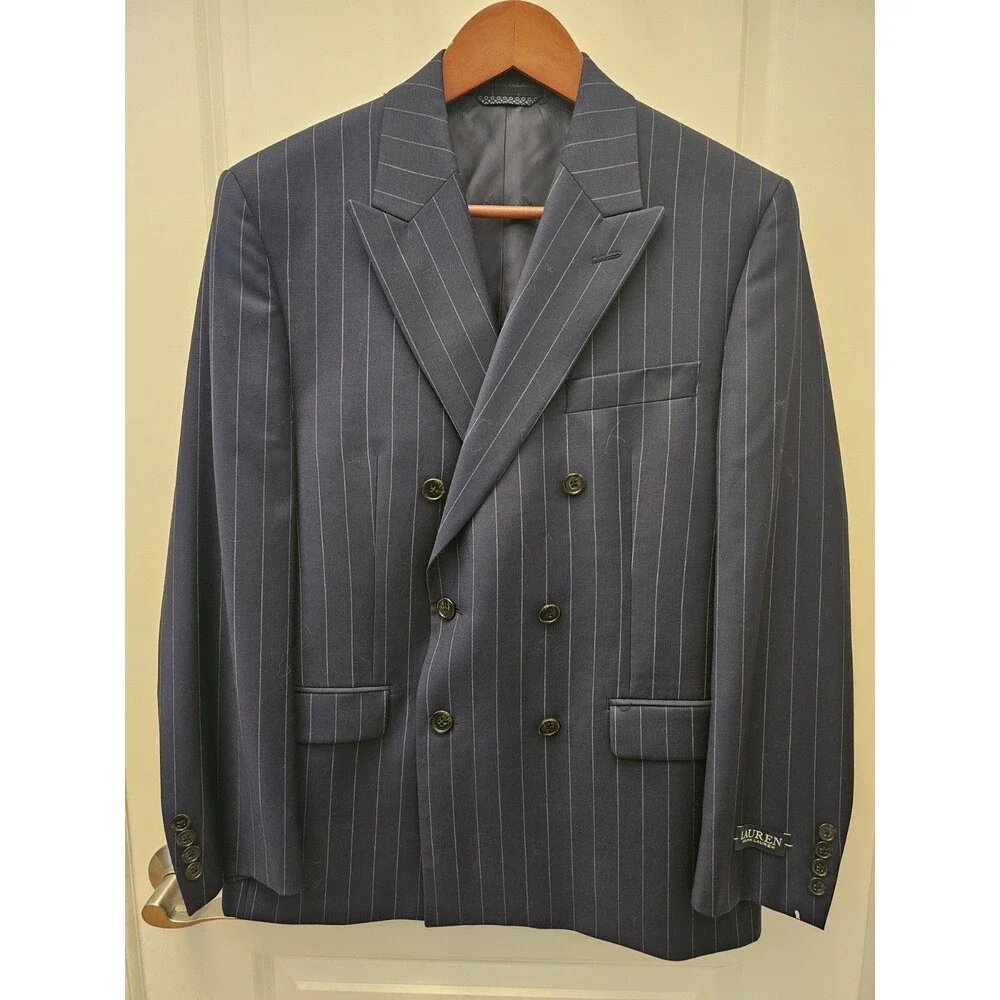 ​Lauren Ralph Lauren Mens Blazer 38S Navy Blue Pinstripe Double Breasted Lindsay